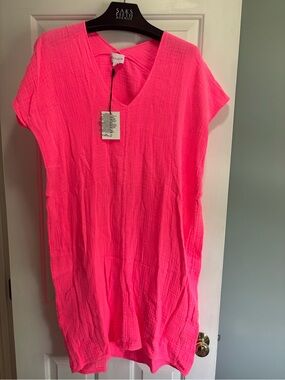 💝NWT ‘FELICITE’’ PRETTY HOT PINK COTTON V~NECK DRESS~SIZE XS-S